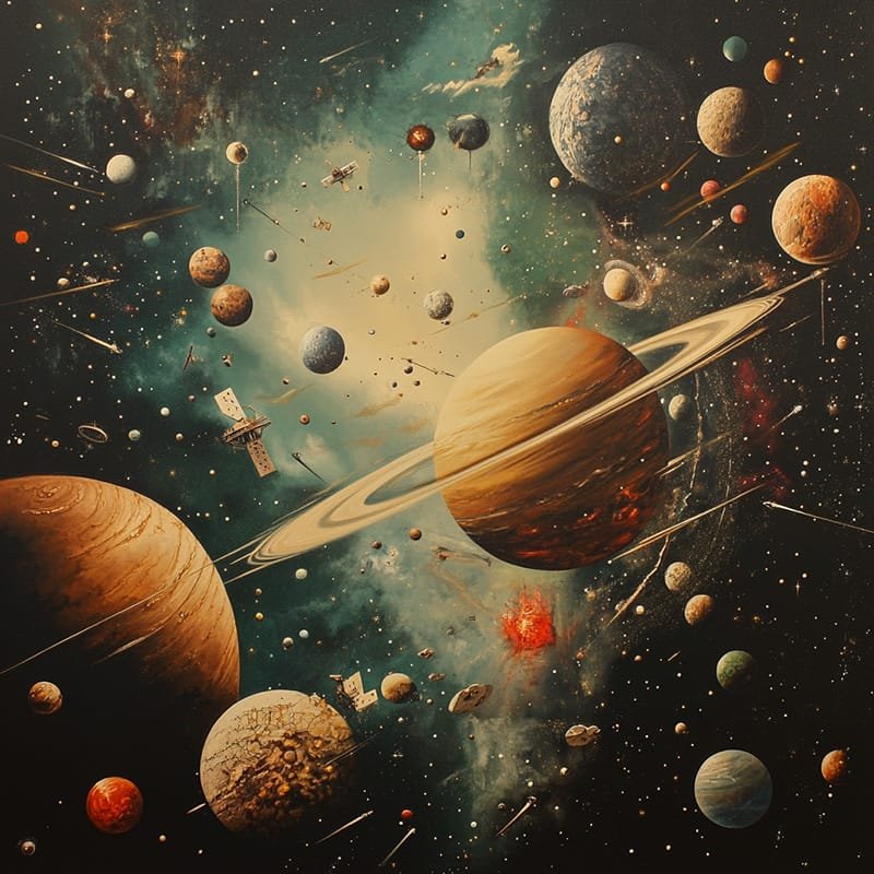 A vibrant portrayal showcases countless space objects, including planets, moons, and satellites drifting in the cosmos. At its heart lies a majestic ringed planet encircled by shimmering stars and cosmic clouds.