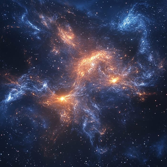 A cosmic scene unfolds, revealing swirling blue and orange nebulae set against a starry backdrop, vividly captured in the Space Telescope’s Map.