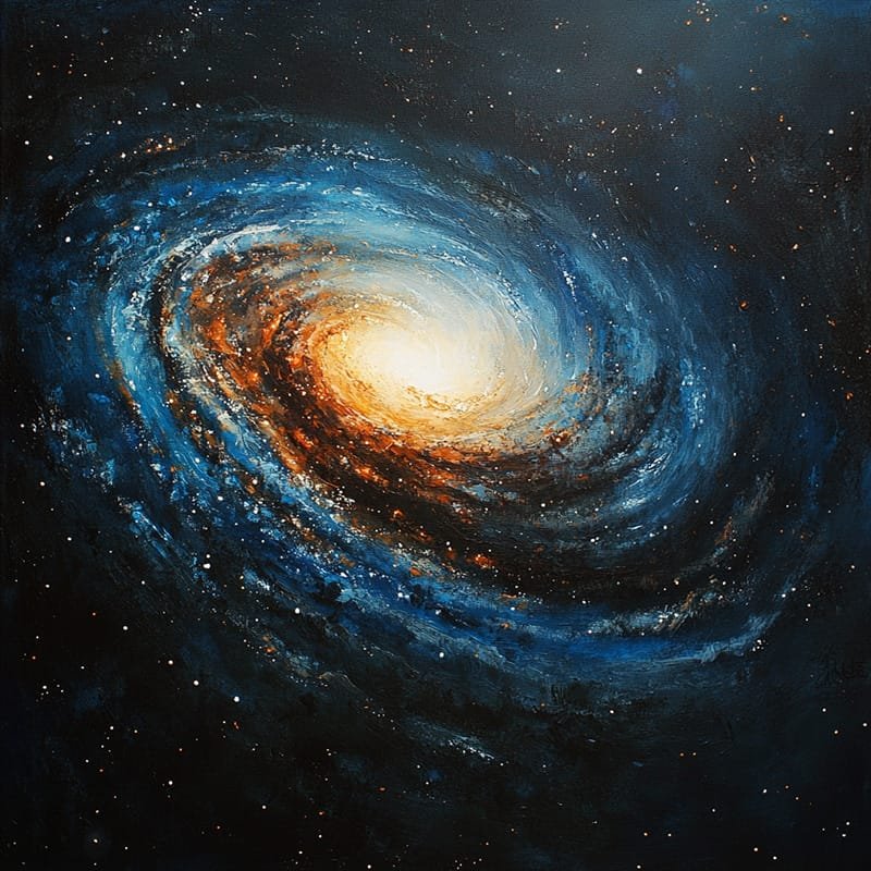 A swirling galaxy with a bright central core envelops a mysterious black hole, its blue, orange, and white spiral arms contrasting against the dark starry background.