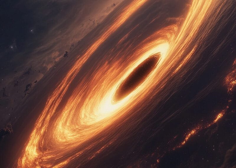A luminous orange and yellow swirling galaxy encircles a dark central black hole in space, set against a starry background.