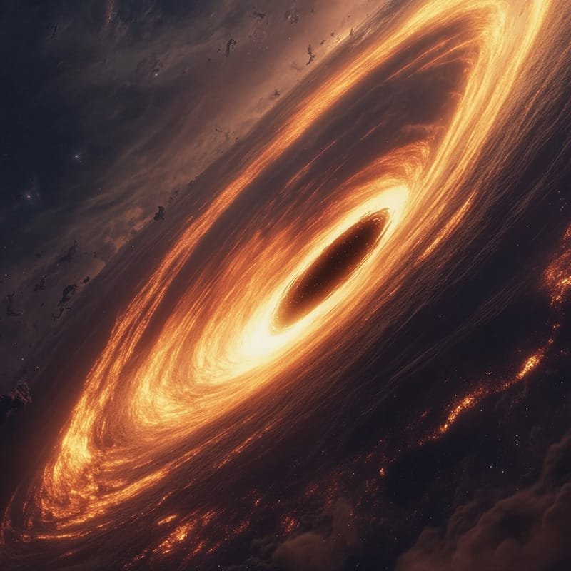 A luminous orange and yellow swirling galaxy encircles a dark central black hole in space, set against a starry background.