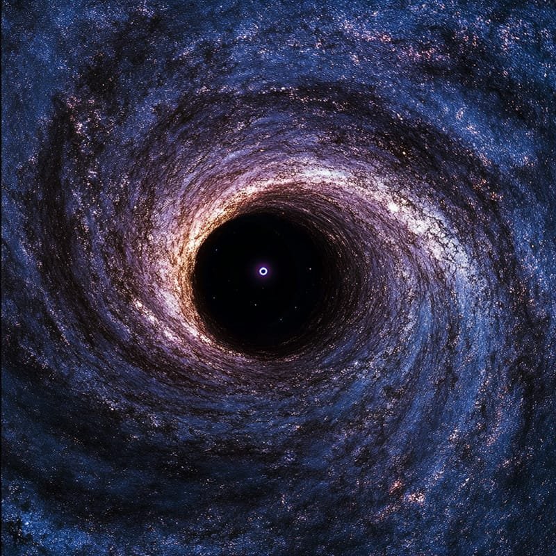 A swirling spiral galaxy with a mysterious black hole at its center, emitting bright light that pierces the surrounding dark space.