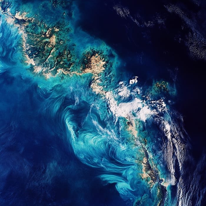 An aerial view of the coastline reveals turquoise and deep blue waters swirling around the land, creating a striking contrast with the surrounding sea, much like observing our Earth from space.