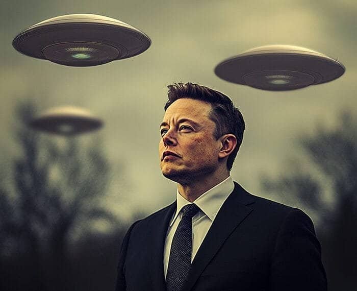 A man in a suit gazes up at three UFOs gliding through a cloudy sky.