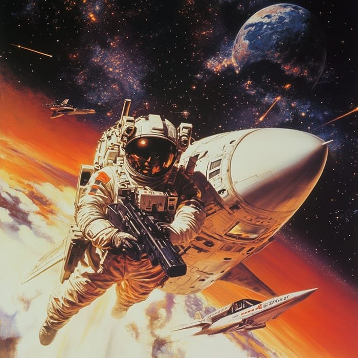 An astronaut holding a tool floats effortlessly in space near a spacecraft, reminiscent of scenes from classic space movies, as two jets soar nearby against the breathtaking backdrop of Earth and stars.