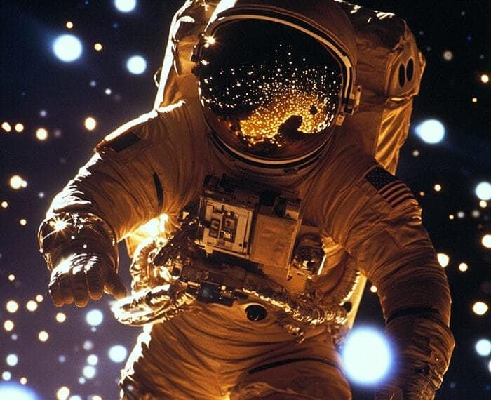 An astronaut in a spacesuit floats gracefully, resembling scenes from space movies, with stars twinkling and light reflections dancing on the helmet visor.