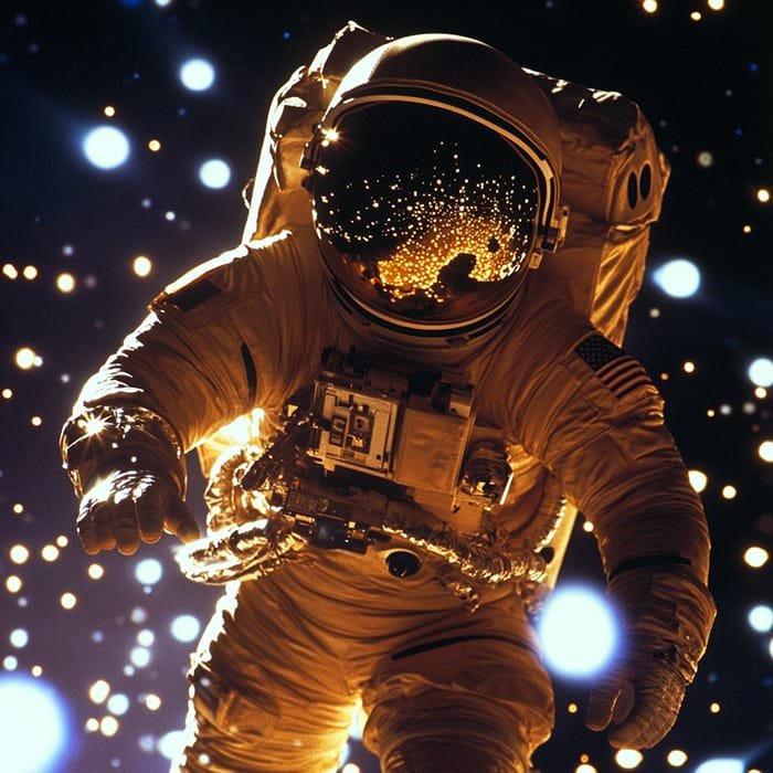 An astronaut in a spacesuit floats gracefully, resembling scenes from space movies, with stars twinkling and light reflections dancing on the helmet visor.