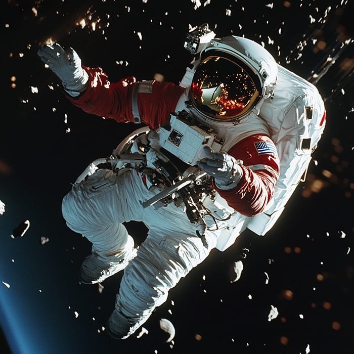 Amidst the silent expanse reminiscent of space movies, an astronaut floats gracefully, surrounded by small debris. Clad in a white spacesuit with a reflective visor, they drift through the vast cosmos, mirroring scenes from cinematic interstellar adventures.