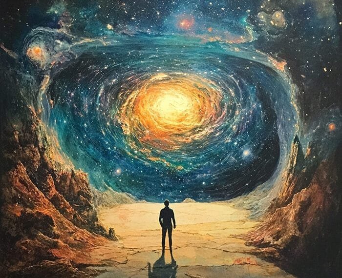 A person stands on a rocky surface, gazing at a swirling galaxy amidst the stars in the vast universe of a cosmic landscape.