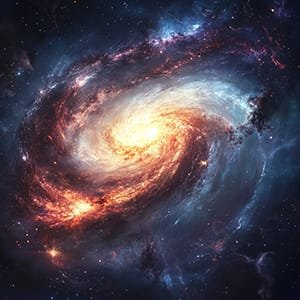 A swirling galaxy with a bright, luminous center and spiraling arms in shades of blue, orange, and white dances against the dark universe backdrop.