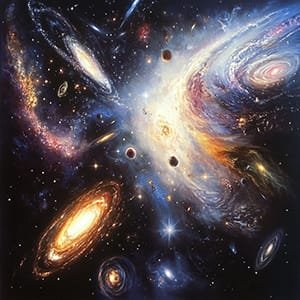 A vivid illustration of a cosmic scene featuring galaxies, stars, and swirling celestial bodies against the dark backdrop of the universe.