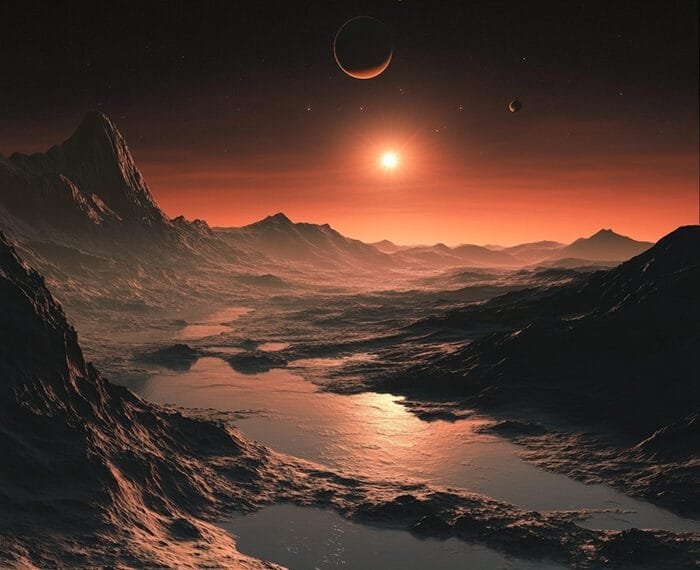 A rocky, mountainous alien landscape unfolds under a reddish sky, with the setting sun casting its glow. Several planets or moons are visible, including one said to be the farthest planet in the universe. A river winds gracefully through this otherworldly terrain.