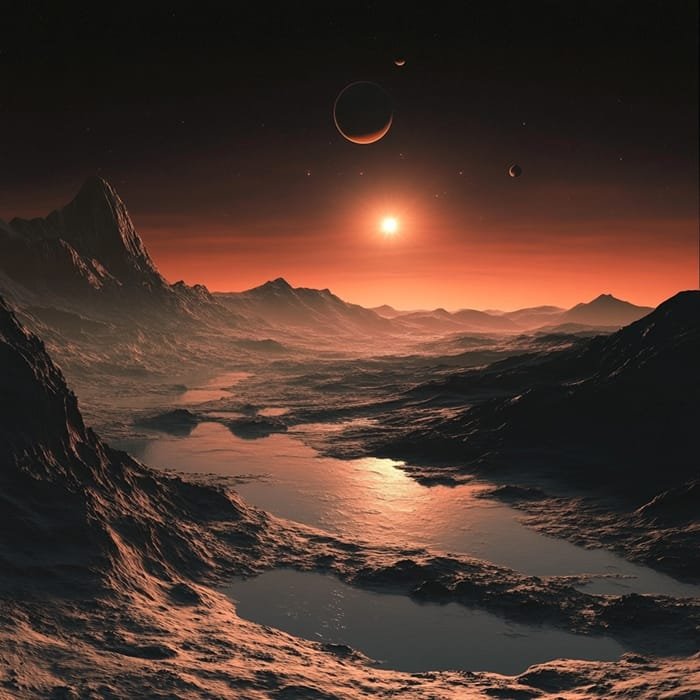 A rocky, mountainous alien landscape unfolds under a reddish sky, with the setting sun casting its glow. Several planets or moons are visible, including one said to be the farthest planet in the universe. A river winds gracefully through this otherworldly terrain.