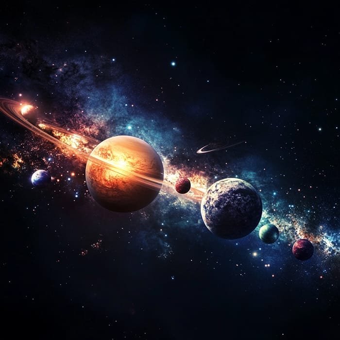 The Farthest Planet in the Universe: A Journey Beyond Our Solar System 1 Illustration of a colorful solar system with various planets, including the farthest planet in the universe, and celestial bodies aligned against a vibrant space background.