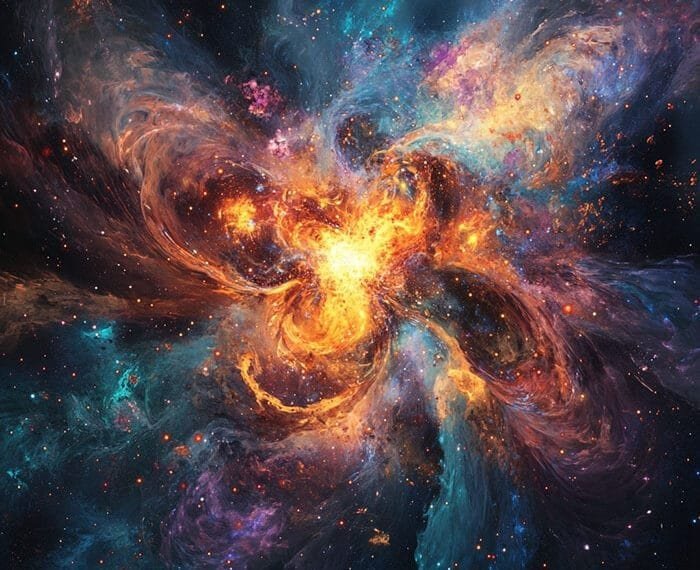 A vibrant, colorful nebula reminiscent of the aftermath of the Big Bang, with swirling patterns of orange, blue, and purple gas and dust in space.