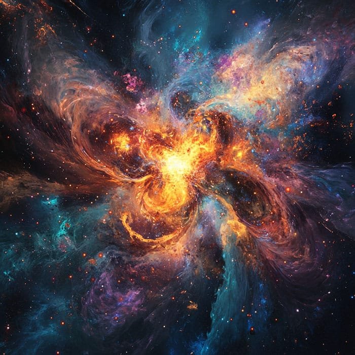A vibrant, colorful nebula reminiscent of the aftermath of the Big Bang, with swirling patterns of orange, blue, and purple gas and dust in space.