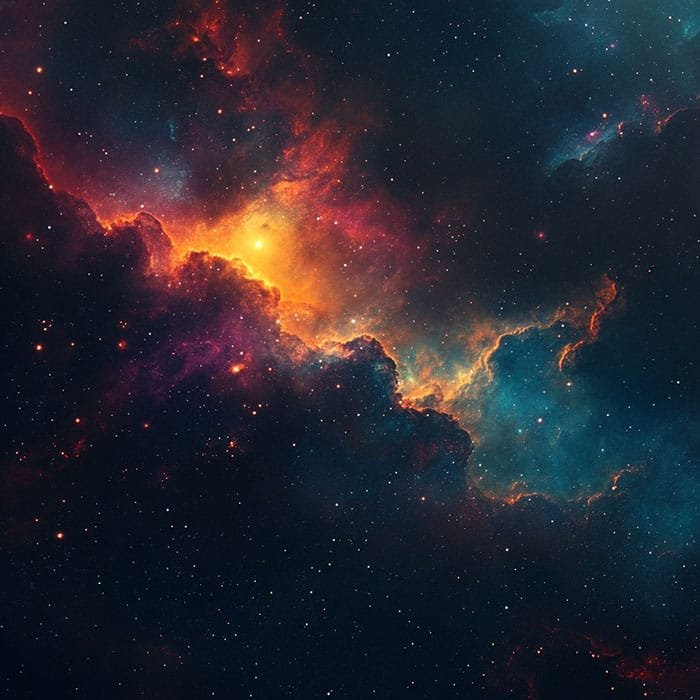 The Big Bang: Unraveling the Universe's Fiery Birth 3 A vibrant space scene with colorful nebula clouds, reminiscent of the Big Bang, features hues of red, orange, yellow, and blue amidst scattered stars in a dark sky.