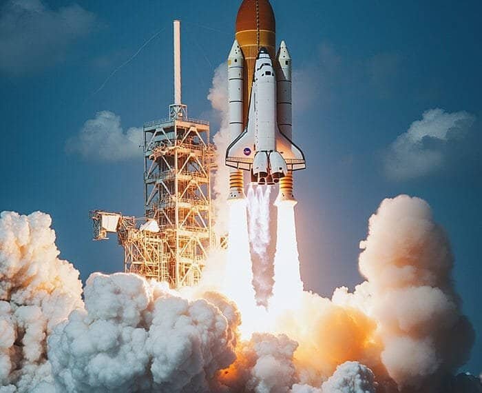 A space shuttle, emblematic of space exploration, launches into a clear blue sky, with engines igniting and smoke billowing below.