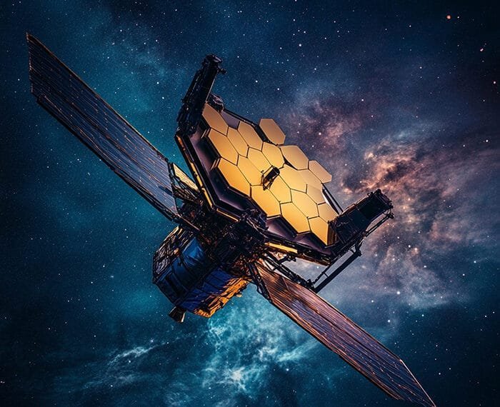 The James Webb Space Telescope, with its hexagonal gold mirror array and solar panels, is set against a starry cosmic background.