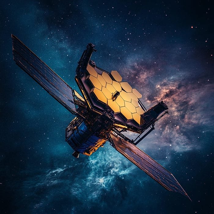 The James Webb Space Telescope, with its hexagonal gold mirror array and solar panels, is set against a starry cosmic background.
