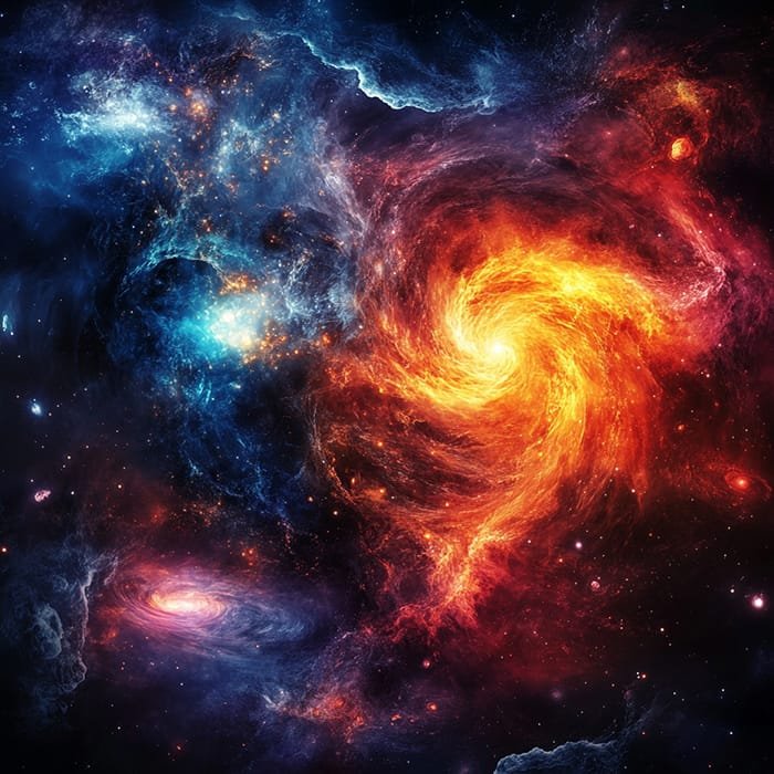 An image of a colorful cosmic nebula, with swirling gases in bright orange, red, blue, and purple hues against the dark backdrop of the universe.