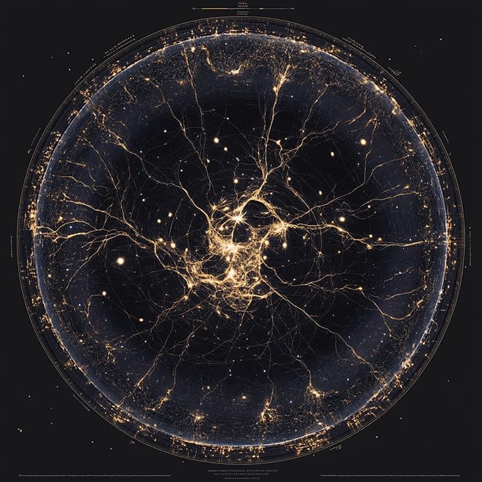 A mesmerizing circular visualization resembles a neural network, with bright golden pathways and nodes illuminating a dark backdrop, akin to the intricate patterns of a Space Telescope's Map.