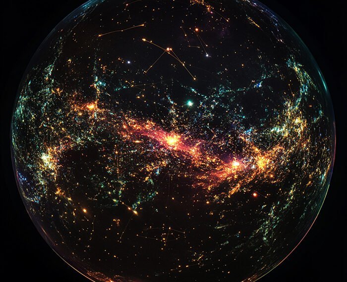 A spherical digital representation of a galaxy, enhanced by the Space Telescope's Map, features bright, colorful stars and cosmic structures against a dark background.
