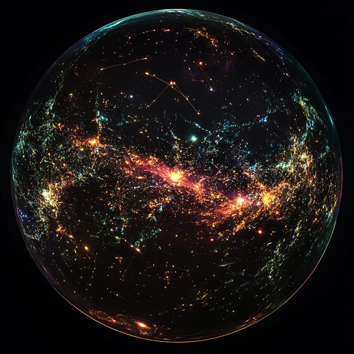 A spherical digital representation of a galaxy, enhanced by the Space Telescope's Map, features bright, colorful stars and cosmic structures against a dark background.