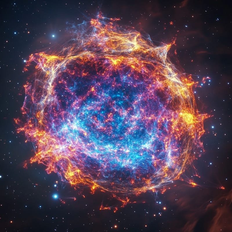 A vibrant, colorful supernova remnant with glowing filaments of blue, orange, and yellow dances against a backdrop of starry space, hinting at the presence of dense neutron stars within its cosmic embrace.