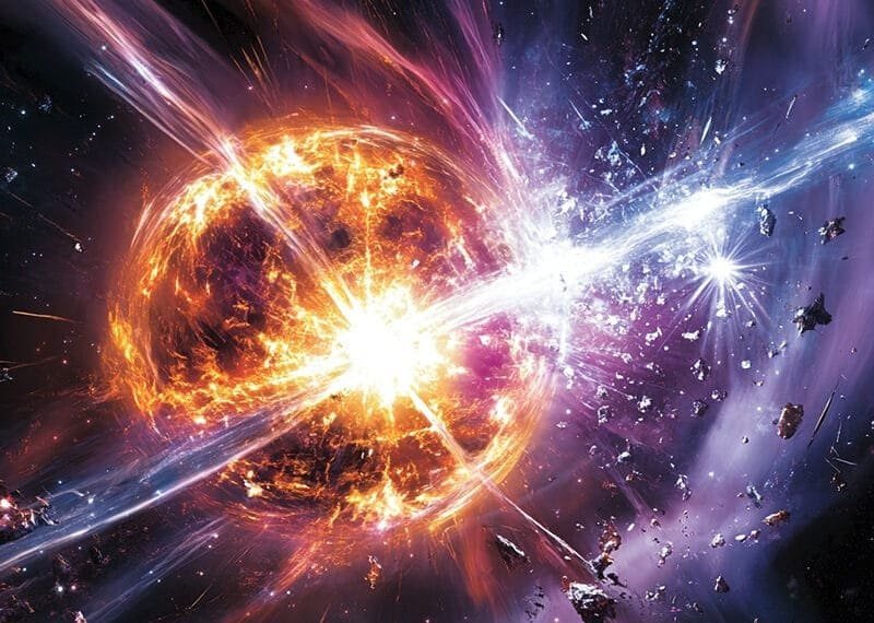 A vibrant depiction of a stellar explosion with bright orange and white light, surrounded by cosmic debris, colorful energy trails, and the captivating remnants of neutron stars in space.