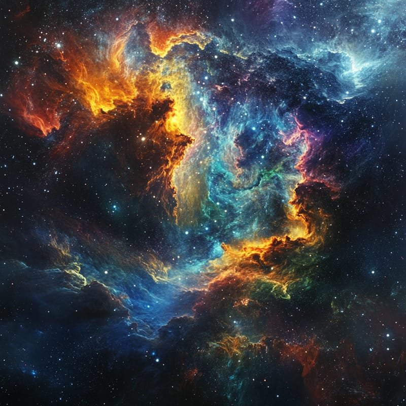 A vibrant, colorful nebula with swirling patterns of orange, blue, and green against a starry sky, accentuated by the mysterious allure of neutron stars, depicting a mesmerizing cosmic scene.