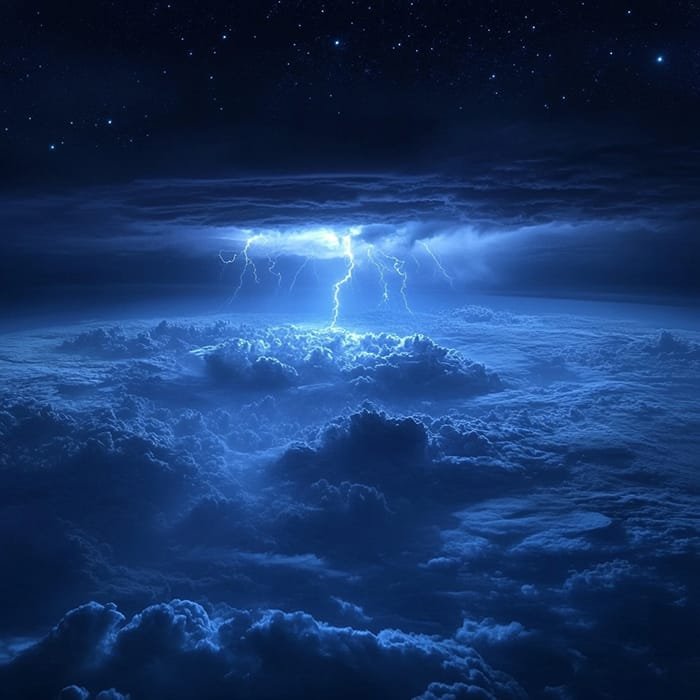 Lightning illuminates a night sky filled with thick clouds, creating a dramatic scene with a blue hue as faint gamma-ray emissions pulse around. Stars are visible above the storm.