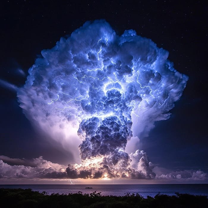 Dramatic cloud formation illuminated by lightning over a dark ocean horizon at night, as gamma-ray emissions subtly dance in the distant sky.