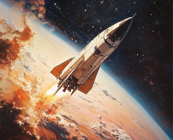 Amidst a sky of stars and clouds, the space shuttle embarks on an awe-inspiring journey of space exploration, launching with roaring flames and billowing smoke as it ascends above Earth.