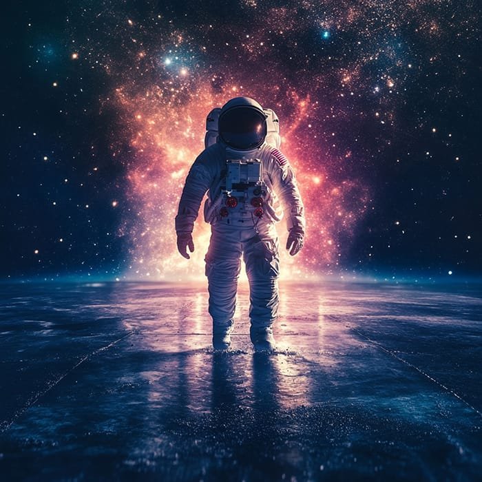 An astronaut stands on a reflective surface in space, embodying the spirit of space exploration, with a colorful nebula painting the backdrop.