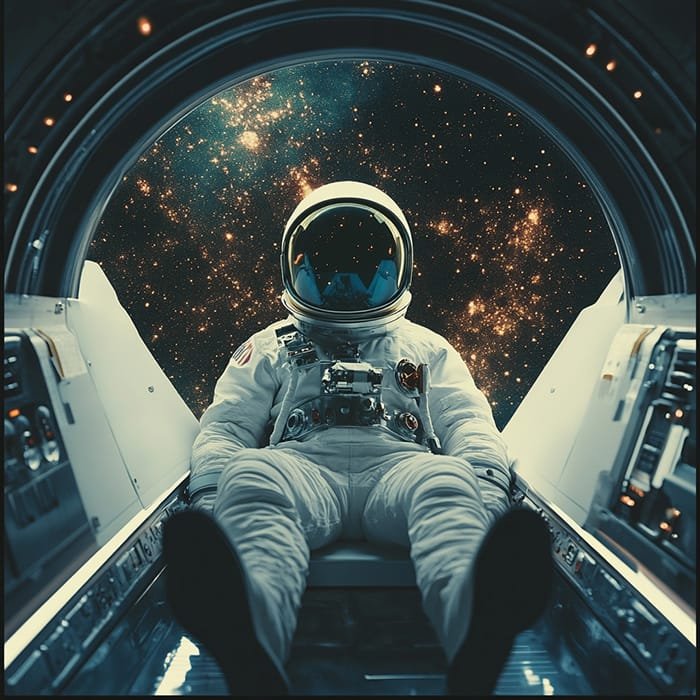 An astronaut in a space suit sits inside a spacecraft, reminiscent of scenes from classic space movies, viewed from behind. A backdrop of stars and galaxies paints a stunning picture through the large circular window.