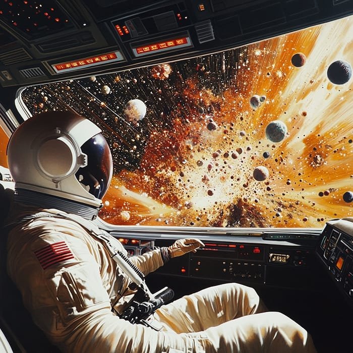 An astronaut inside a spacecraft gazes out at a colorful, expansive space scene reminiscent of epic space movies, with numerous planets and stars twinkling through the window.