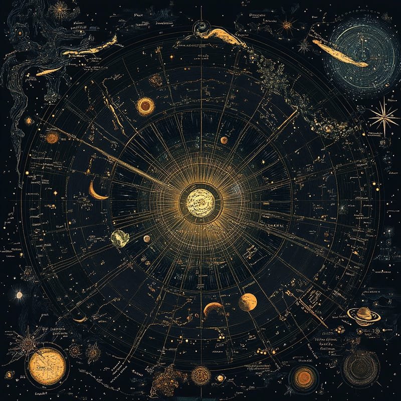 An intricate celestial map with constellations, planets, and comets depicted in golden lines on a dark background reveals the enchanting Dark Side, all centered around a radiant sun-like figure.