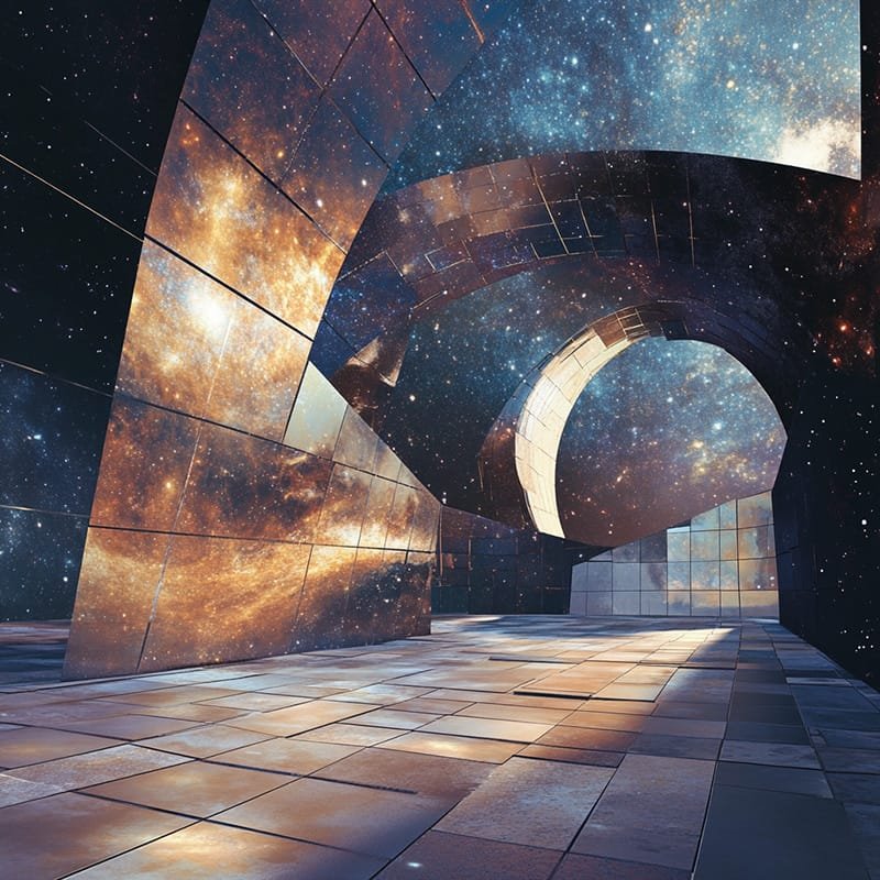 A futuristic architectural space with reflective surfaces, hinting at the Dark Side with a starry galaxy backdrop, features sleek arches and tiled flooring.