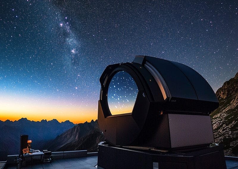 A large telescope on a mountain observatory platform peers into the dark side of the universe under a starry night sky, with the Milky Way visible against a backdrop of distant mountains at dusk.