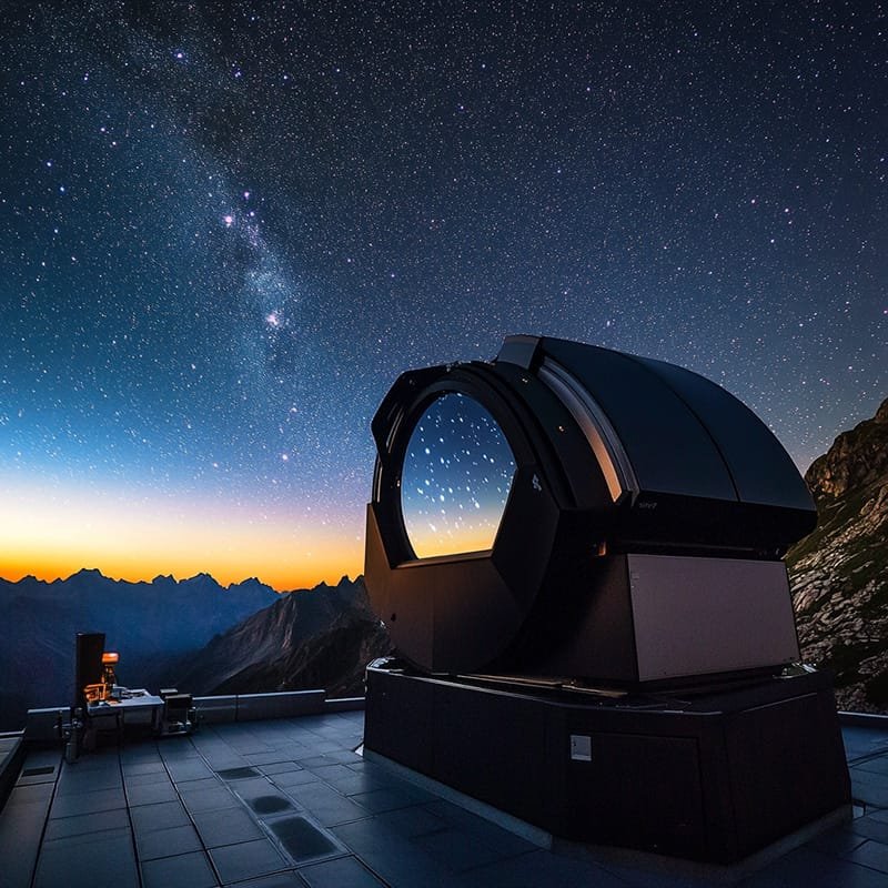 A large telescope on a mountain observatory platform peers into the dark side of the universe under a starry night sky, with the Milky Way visible against a backdrop of distant mountains at dusk.