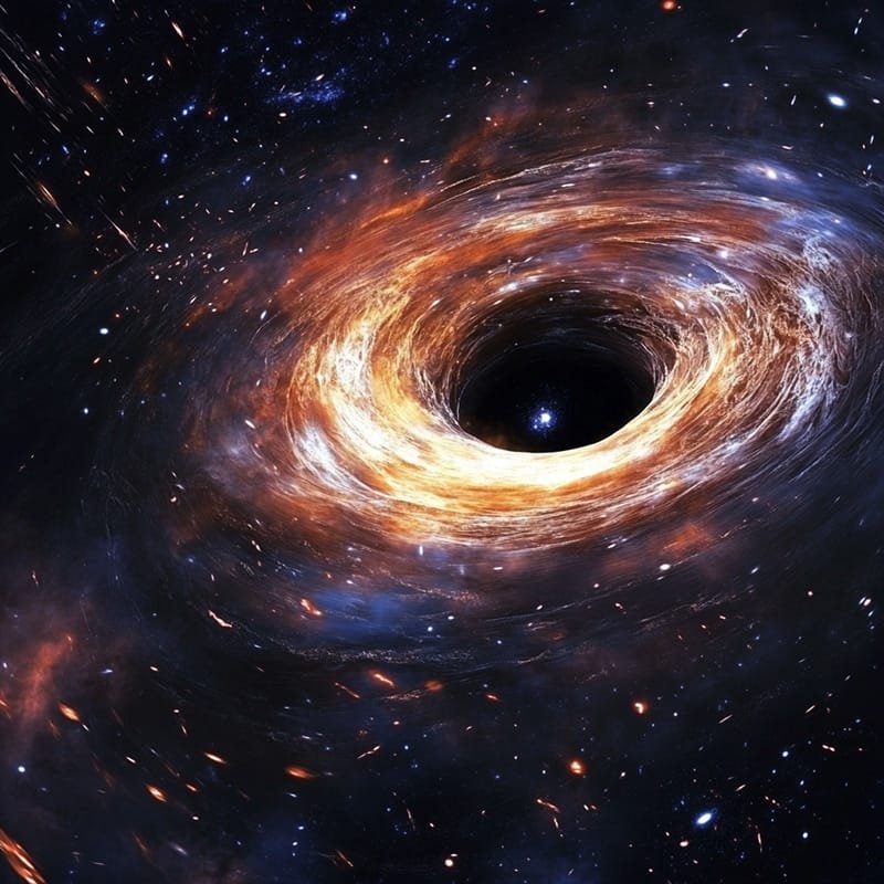 The Fascinating World of Black Holes: A Massive Swarm Discovered in the Milky Way 1 A swirling black hole in space with vibrant orange and blue gas gracefully orbiting its mysterious dark center, illustrating the captivating nature of black holes.