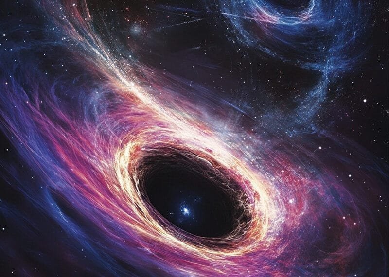 A swirling, vibrant space scene showcases two enigmatic black holes surrounded by colorful cosmic gas and twinkling stars against a dark background.