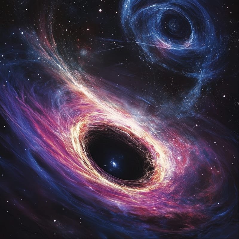 A swirling, vibrant space scene showcases two enigmatic black holes surrounded by colorful cosmic gas and twinkling stars against a dark background.