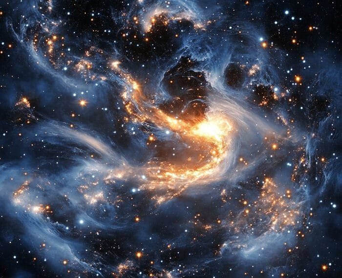 A swirling galaxy within the vast cosmos, showcasing bright stars and glowing clouds of gas against a dark background.