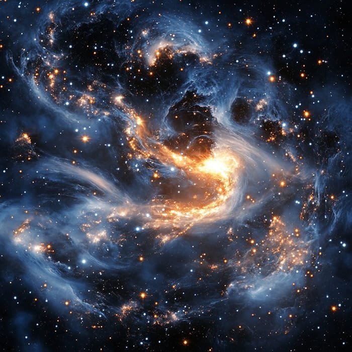 A swirling galaxy within the vast cosmos, showcasing bright stars and glowing clouds of gas against a dark background.