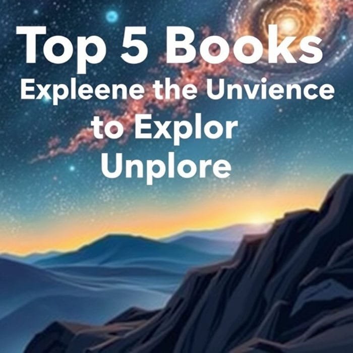 An abstract cosmic landscape with text overlay: "Top 5 Books: Explore the Universe to Unplore the Unvience.