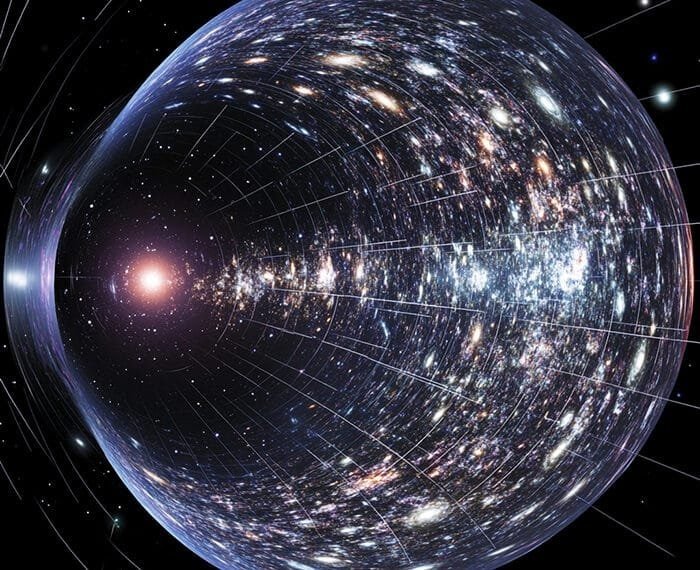 Digital artwork of a colorful galaxy seen through a spherical lens, unveiling the universe's cosmic patterns and luminous stars in a vast space background.