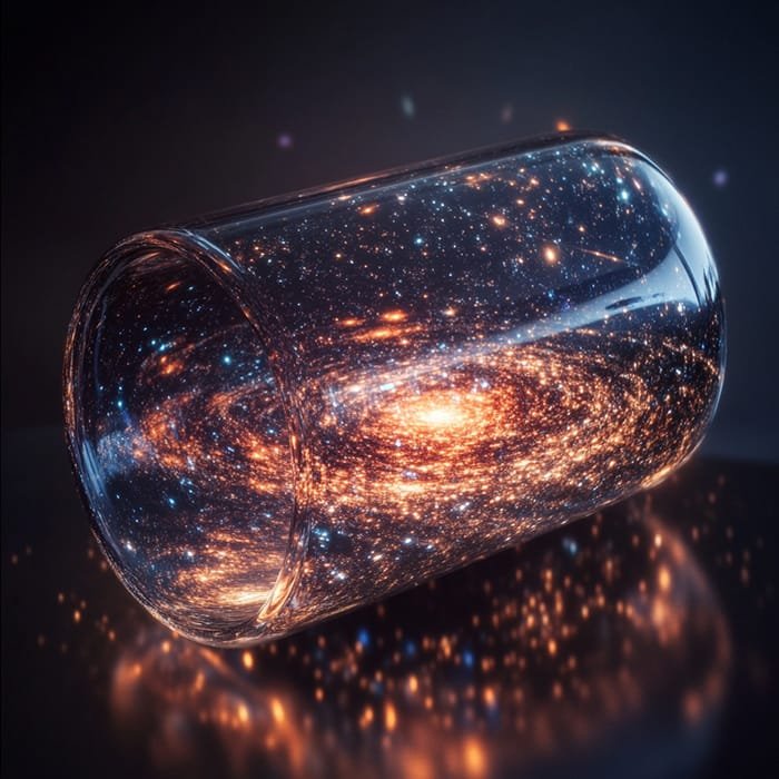 A transparent capsule filled with a swirling universe of stars and glowing cosmic lights.