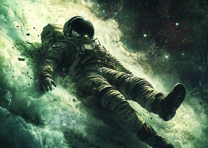 An astronaut drifts through the vastness of space, enveloped by clouds and stars, their spacesuit gleaming against a dark cosmic background.